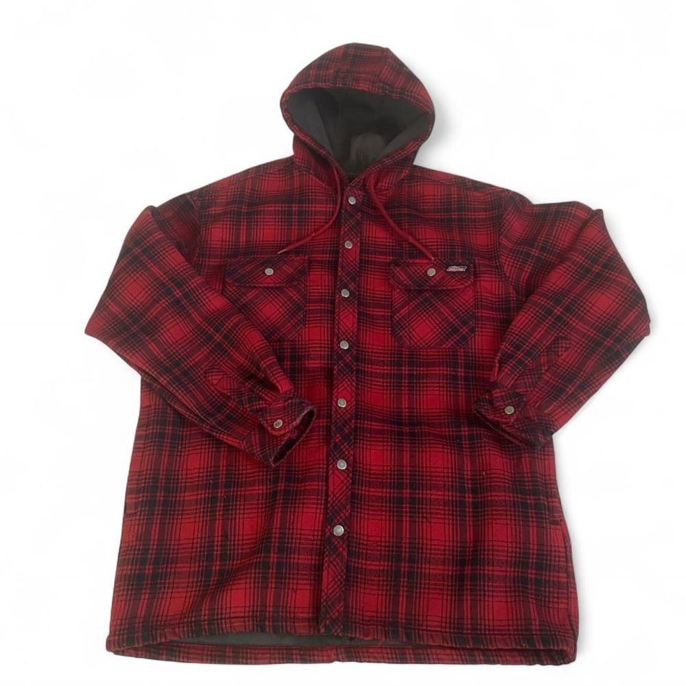 Dickies Red Buffalo Plaid Hooded Flannel Jacket XL Quilted Fleece Lined Workwear